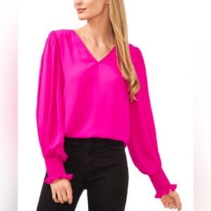 NEW! CeCe Long-Sleeve Smocked-Cuff V-Neck Blouse Size M